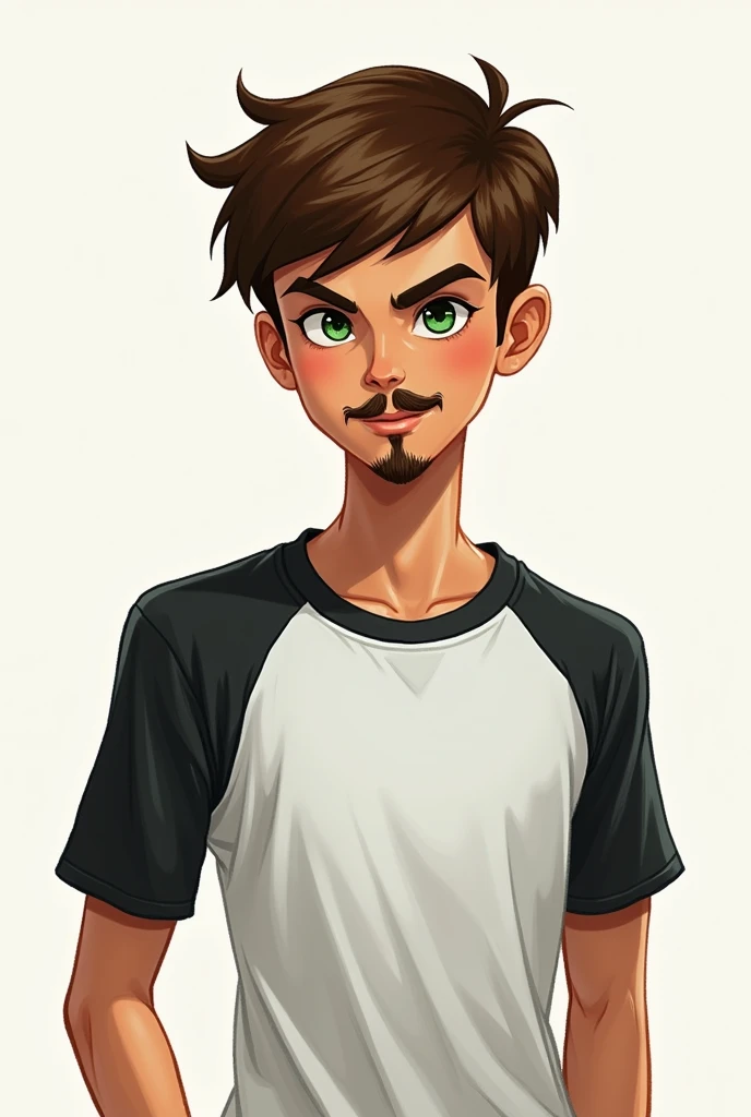 A realistic drawing Ben 10, I want a boy with hair like Ben's, but with a more bowl cut look, and a medium skin color "peanut candy", I hope you understand me, greeneyes, a white and black shirt and an omnitrix on the left arm Do it with about 15 years, thin mustache and goatee , and the black hair