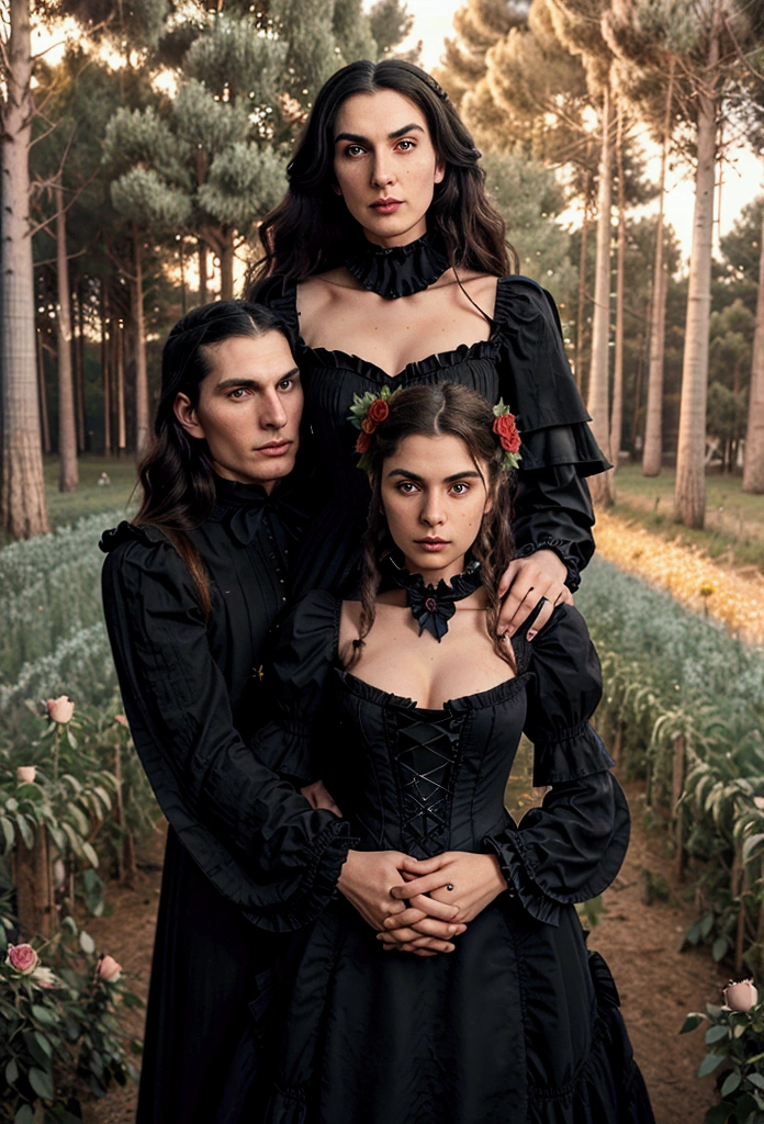Home Gothic couple and woman with their daughter,((A giant bat behind them)) (one men, a woman and a child)e are 3 people, with a beautiful 11 year oldild with wavy hair (n black Victorian clothes, ruffled neck collar, ruffled sleeve collar, Longhaire pretos, 1,90 metros de altura,Longhaire, straight half wavy, tall similar to Christopher Reeve and Peter Steele)),((ultrarealistic)),((hyper realist)),((the night)),((She in a Victorian dress,Longhaire e pretos, she with 1,58 m)), (( Scenario, in a flower field with roses, cloudy and some distant pine trees and trees near a lake)).