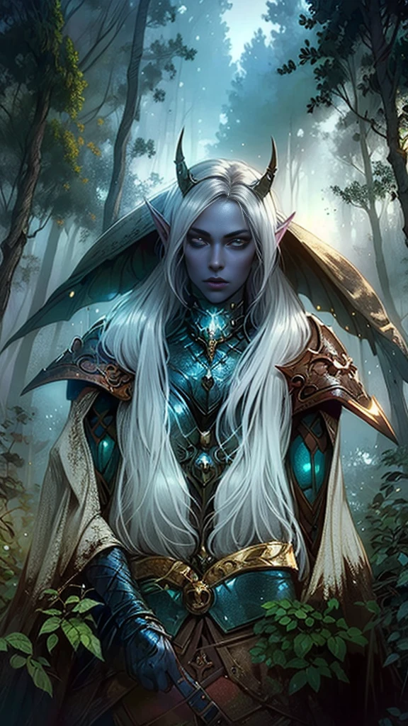 masterpiece, best quality, CG, wallpaper, HDR, high quality, high-definition, extremely detailed, drow, colored skin, dark elf, blue skin, grey skin, pointy ears, cape, armor, looking at viewer, 1girl, forest, dark forest, mythical forest, dimmed light, brown eyes, long hair, chibi