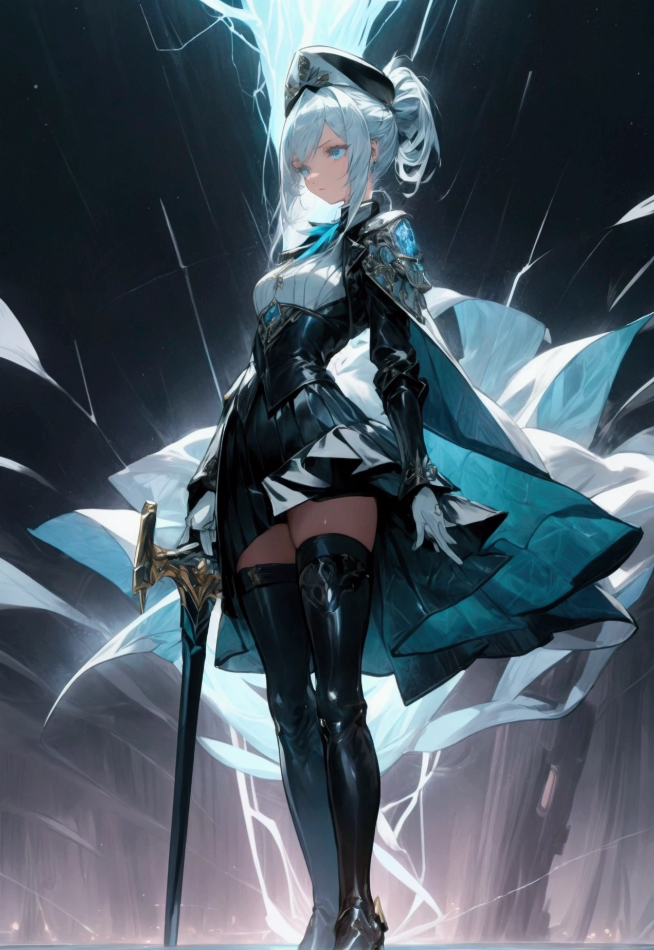 Create an image featuring a dynamic powerful female character with short ponytail silver hair and piercing blue eyes. She is wearing a detailed dark blue and black outfit with intricate white accents, including a high-collared modern style trench coat, armored shoulder pads, and a fitted bodice with ornate patterns and a commander hat. Her outfit also includes a flowing skirt with layered fabric and thigh-high boots. The character is wielding a sword with a glowing tip, held confidently in her right hand. She stands in a powerful, poised stance with one foot slightly forward and her aura spread wide behind her. The aura are large and ethereal, resembling both space and time in shades of teal and blue lightning, giving the impression of both lightning and wind elements at play. The background is soft with light colors that complement the characterr's striking presence. sc-fi theme