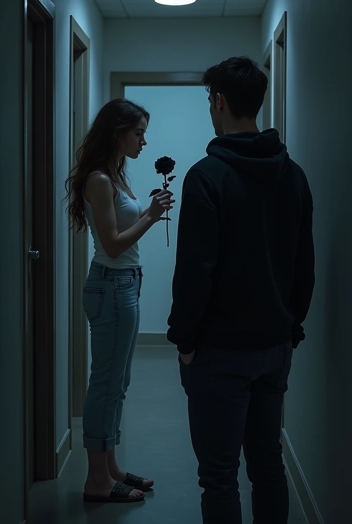 The image shows a woman with long brown hair, wearing light denim pants and a white tank top, holding a black rose and looking at flower. She is in a hallway and the atmosphere is dark and mysterious., to a shadowy figure in front of the woman, a man wearing a black sweatshirt watching her and the man far away. The woman appears to be in a romantic and enigmatic situation.