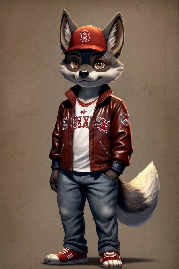 Beautiful little thin male wolf with nice big thighs and gray fur with white and brown eyes and he is wearing a red shirt and leather jacket and jeans and on his head he is wearing a full body Boston Red Sox MLB cap and he is 8 .