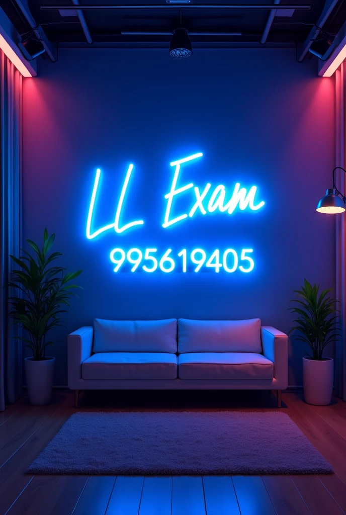 Create a YouTube studio background with a modern and sleek design. In the center of the background, display the name 'LL Exam - 9956819405' in bright neon lights with correct spelling. The neon lights should be in a vibrant color, such as electric blue or neon pink. Surround the neon text with subtle, complementary lighting and decor that enhances the studio aesthetic. The overall ambiance should be stylish, professional, and inviting, perfect for a YouTube content creator's studio.