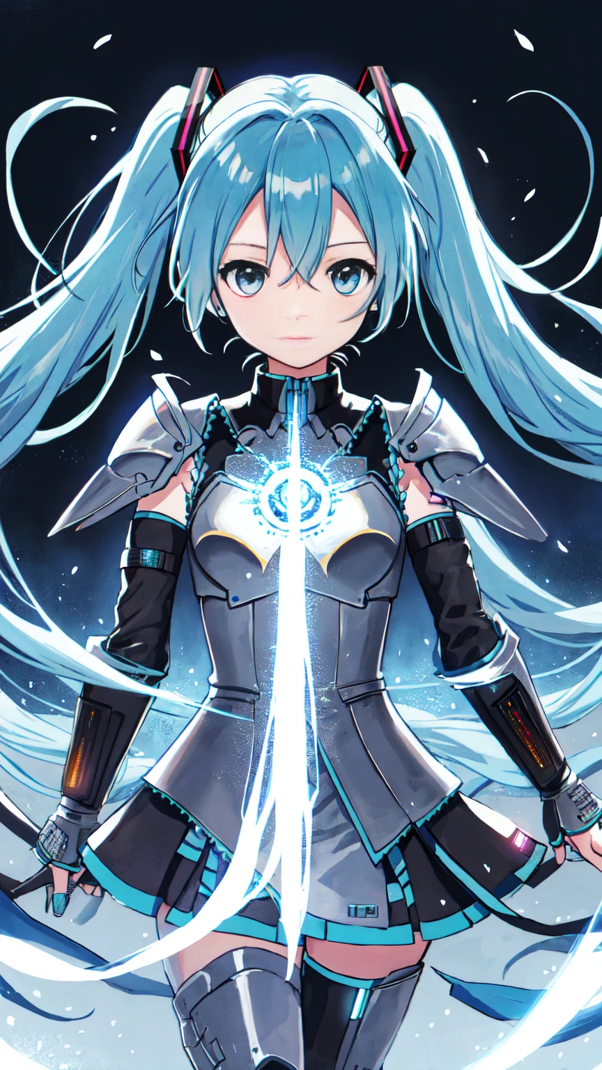 masterpiece、Highest quality、8k、Hatsune Miku・VOCALOID、Twin tails、Light blue hair、Light blue eyes、Wolf Knight, Fine Armor, Intricate Design, Silver, silk, Cinema Lighting, 4K, Floating Hair, sharp