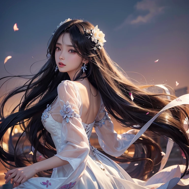 High resolution, Long Hair, Black Hair, とてもLong Hair, Hair Flower, Backlight, High resolution, Very detailed, とてもLong Hair, Gradient color hairstyle, Hair blowing in the wind, Earrings, Simple Background, Character portrait, Illustration, 3D Rendering, Anime Style, A slender, shiny dress made of white silk、Rose embroidery with silver thread、petals dancing in the wind
