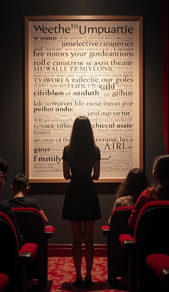 masterpiece, Highest image quality, photo realistic, Raw photo, full body photo, (in the theater, girl explain the big Typography poster behind her, girl stand in front of the typography poster, many people look at the girl, many word and design on typography poster)