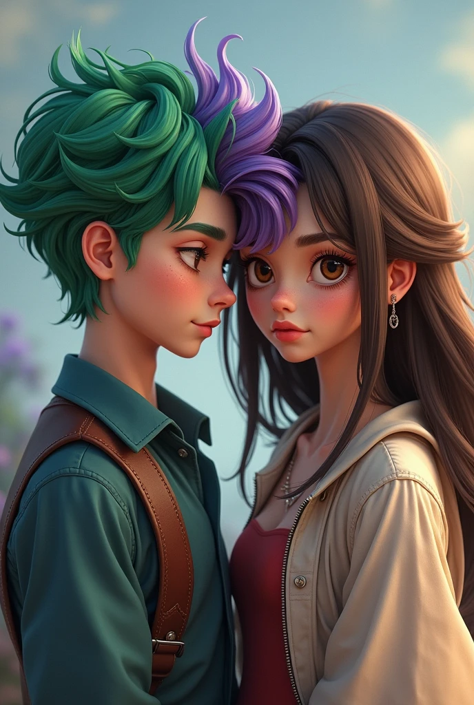 I want you to generate an image of a boy with half green half purple hair and a girl with brown hair and brown eyes
