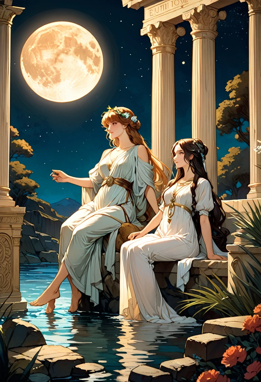 (Highest quality、High resolution、masterpiece)、4K Anime Art、(two women are sitting on a rock in the river、Facing each other、whole body、18-year-old)、(ancient greek scene) 、(Detailed depiction of a beautiful face)、Put your hair up、Captivating smile、(Ancient Greek Clothing、White tunic)、Movie Scenes、Soft Light、Ray Tracing、Soft Focus、greek architecture columns、greek pine、Classic atmosphere、Romantic atmosphere、Blur the background、(Full moon in the night sky:1.2)、(Alphonse Mucha Style)、(Edmund Leighton Style)、(alma tadema style)、(David Hamilton Style)、(Leonardo da Vinci Style)、