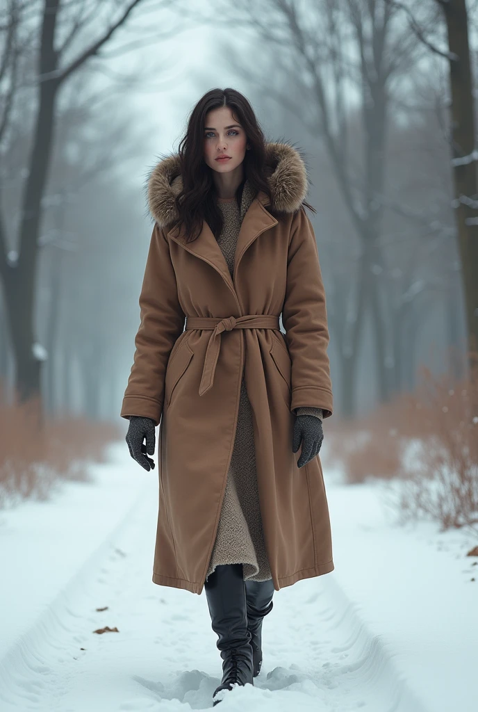 Femme brune realiste qui resemble a sophie mudd vetue dun manteau marron marchant dans la neige