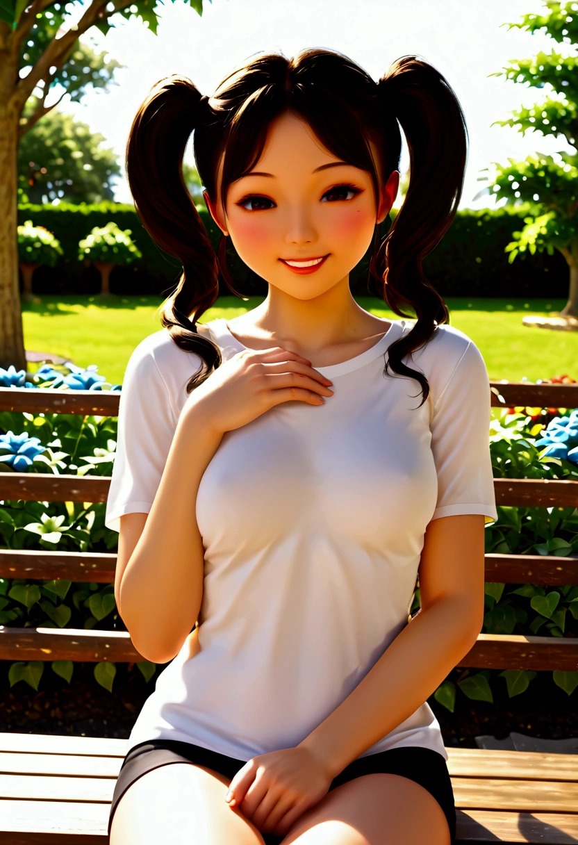 (nsfw:1.5)((Droopy eyes)),Twin tails,Dark brown hair,Dark brown eyes,Baby Face,round face,8k wallpaper, (shape:0.8), (Beautiful attention to detail:1.6), Highly detailed face, Perfect lighting, Extremely detailed CG, (Perfect hands, Perfect Anatomy),White T-shirt,hot pants,garden,Sitting on a bench,Grin,A nasty grin,