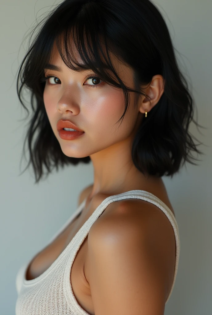 8K, RAW photos, Reality: 1.25), (Lip Gloss, eyelash, Shiny face, Smooth skin, best quality, Ultra-high resolution, Depth of Field, Chromatic Aberration, Caustics, Moisturizes lips, Face shape after modification, Dazzling eyes, Black Hair, Half Length, fashionable, Bodycon Knit Dress, purely
