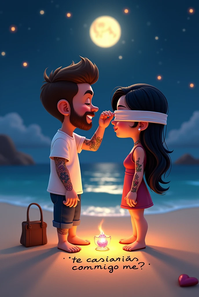 A cartoon-like image from Pixar with a couple on the beach at night, The man has a beard and short brown hair., wear white short sleeve shirt ,He has a tattoo of a phoenix all along his arm., She has long black hair and wears a short dress and has a tattoo of a black rose along her arm, The man is removing a blindfold from her eyes, in the sand it says: Karen will you marry me??, The phrase in the sand has to be in Spanish