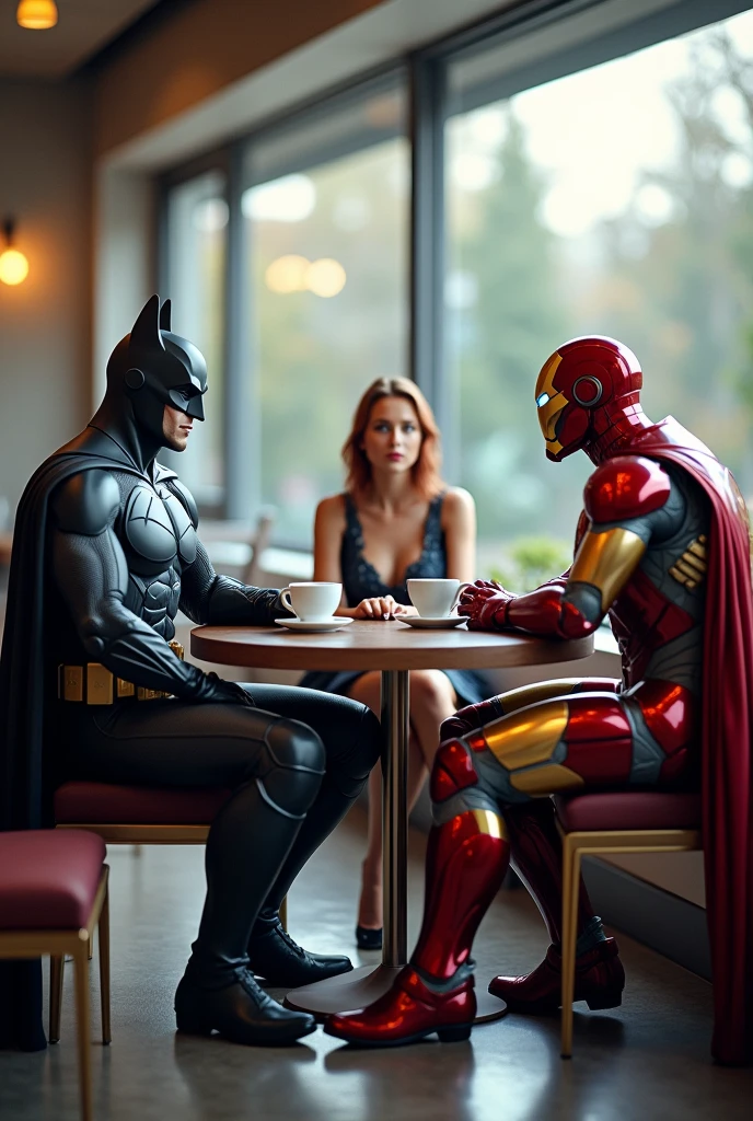 Batman and Ironman having coffee with Scarlet Johansson