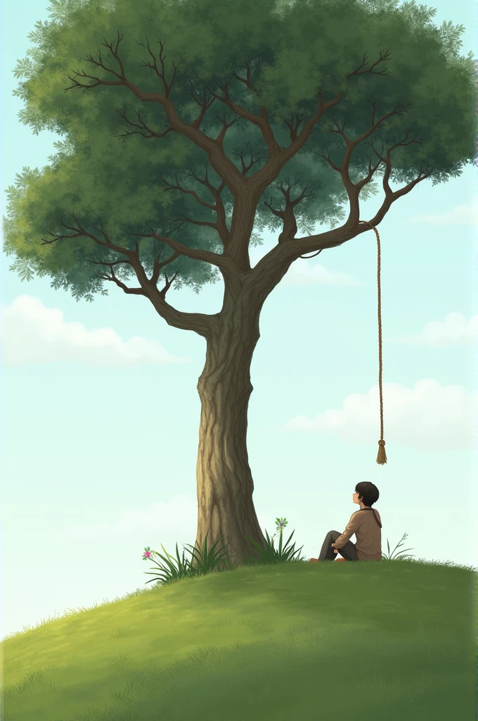 A tree on a hill and a person sitting and a rope hanging from the tree 