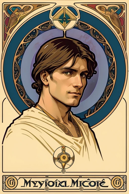 Alphonse Mucha illustration style male portrait， mysticism，Tarot，Beautiful details，Bay leaf，Plant flowers and plants