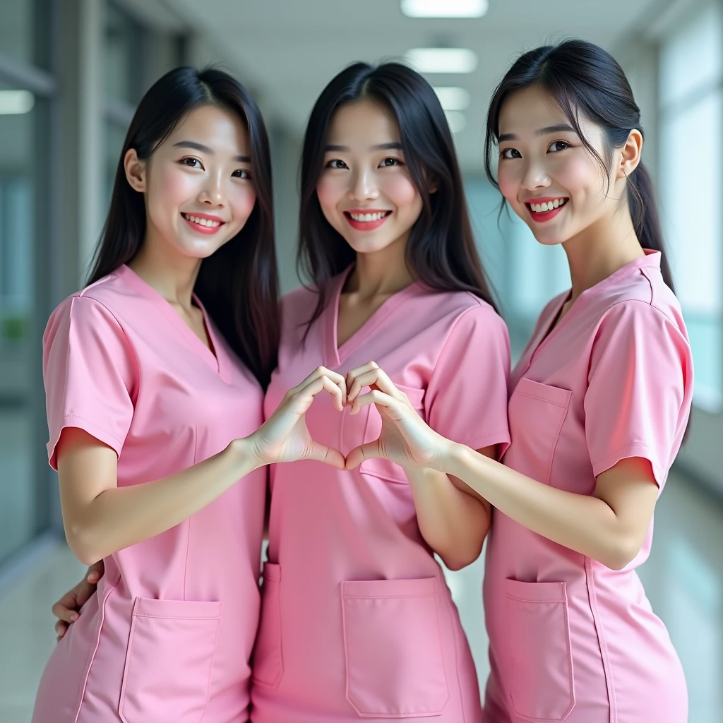 photograph, three smiling beautiful Korean female nurses wearing pink scrubs making heart shape with hands, beautiful detailed face, black hair, pale skin, fair skin, realistic skin, detailed cloth texture, detailed hair texture, Perfect proportion, Beautiful Face, accurate, Anatomically correct, Highly detailed face and skin texture , looking at viewer , modern hospital building, perfect anatomy