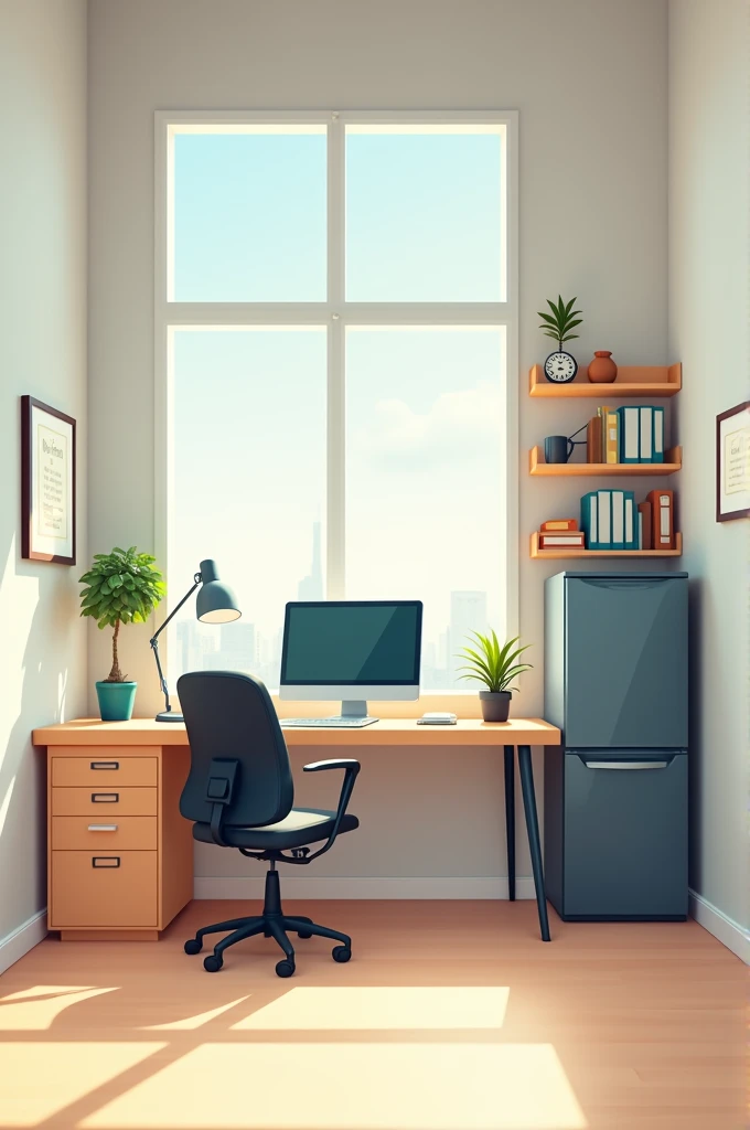 Create a design of an office with a computer desk, a bookshelf and a refrigerator with two electrical outlets 