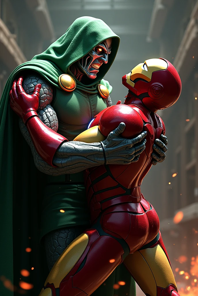 Dr doom catches iron man neck with anger with 1meter distance