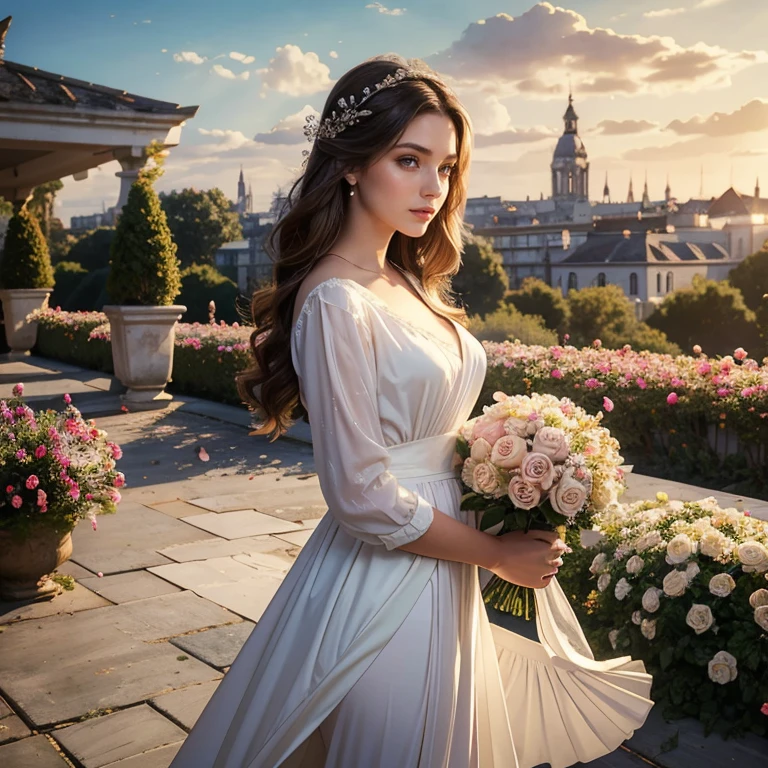 (masterpiece, best quality:1.5), highest quality, High resolution, super detailed, Realists, Upper body photo of a brunette 22 year old woman, detailed and beautiful eyes, beautiful detailed lips, very detailed eyes and face, longeyelashes, 22 year old woman wearing white pants, Beautiful and colorful makeup, elegant and noble々Pose,shiny satin headband, grind, Holding flowers, Gardens as background, soft daylight, bright colors, fine brushstrokes, Portrait style, Noble details in the dress fabric, beautiful color palette, glowing skin, First-class rendering, that captures every detail, enchanting atmosphere, subtle shadows and lights, (perfect anatomy:1.2), (The two stunning women in white trousers hold baskets of rose petals. Exchange glances. (magnificent panorama view:1.2)