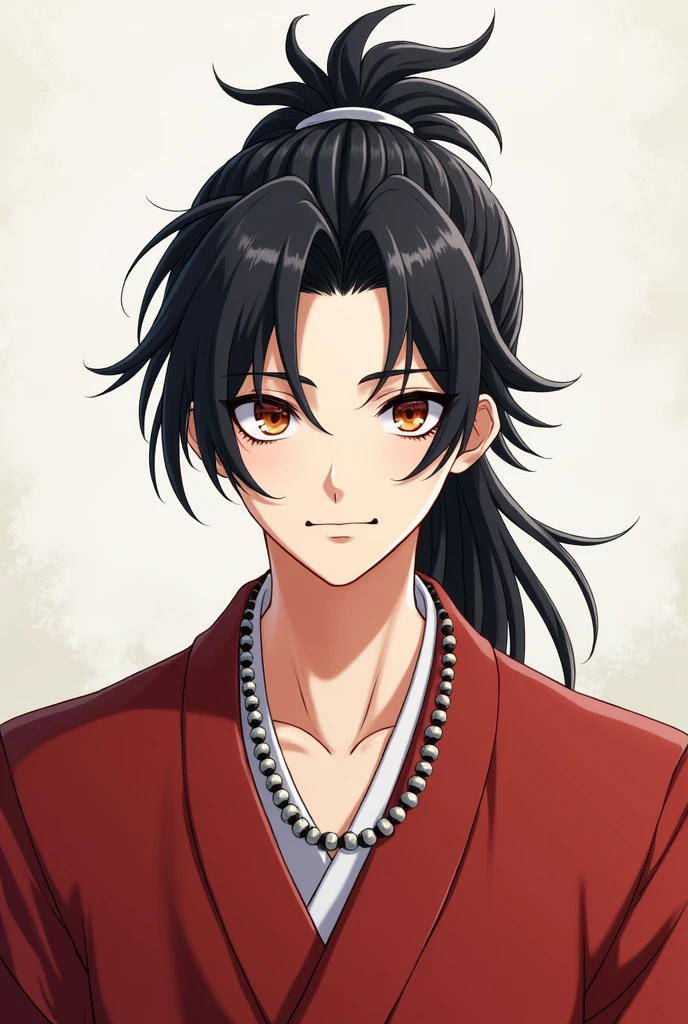 high resolution, Clear focus, Pixiv Masterpiece, ((Intricate details)), Very detailed, Asato_Seven Fragrances, 1 boy, male, Striped Bead Necklace, Black Hair, (Spiked Hair:1.1), Ponytail, Very long hair, Red clothes, Red open dress, Simple kimono, besides 