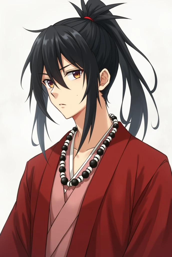 high resolution, Clear focus, Pixiv Masterpiece, ((Intricate details)), Very detailed, Asato_Seven Fragrances, 1 boy, male, Striped Bead Necklace, Black Hair, (Spiked Hair:1.1), Ponytail, Very long hair, Red clothes, Red open dress, Simple kimono, besides 