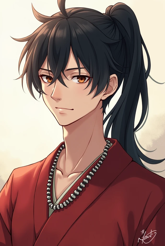 high resolution, Clear focus, Pixiv Masterpiece, ((Intricate details)), Very detailed, Asato_Seven Fragrances, 1 boy, male, Striped Bead Necklace, Black Hair, (Spiked Hair:1.1), Ponytail, Very long hair, Red clothes, Red open dress, Simple kimono, besides