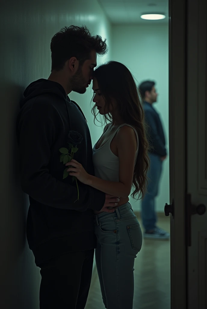 The image shows a woman with long brown hair, wearing light denim pants and a white tank top, holding a black rose and looking at flower. She is in a hallway and the atmosphere is dark and mysterious., to a shadowy figure in front of the woman, a man wearing a black sweatshirt watching her and the man far away. The woman appears to be in a romantic and enigmatic situation.