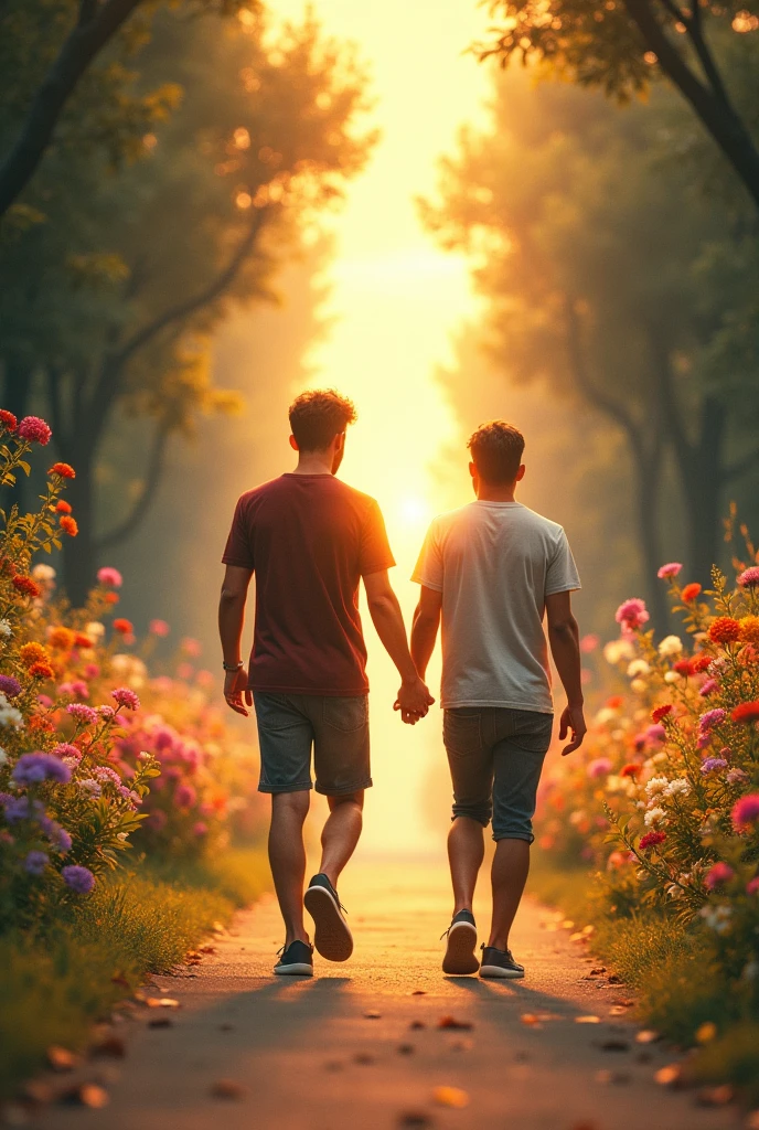 Two men ara walking on the flower road, A friend lifts his hand and shows a beautiful brightness in end of the road from his hand, realastic pic.
