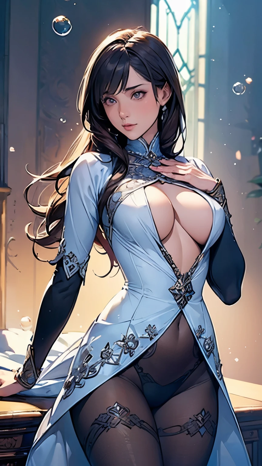 (((Exquisite))) openwork tights, high-quality details, flowing, dynamic, (1 female), bright eyes, spirited, seductive front and back, silk texture, presenting high-quality texture, huge bubbles, soft light, full of reality, at the moment this girl is in a fantasy world, deep cleavage, small breast:1.3