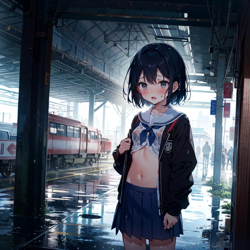 1 girl, solo, small breasts, school uniform, squeezing clothes, , young, child, standing, wet clothes, wet hair, wet skirt, panoramic shot, looking away, confusion, crowd, open mouth, inside the station, navel, (detailed droopy gray eyes: 1.1),
Very aesthetic, absurd, Gravure, (temptation pose: 0.9), (ecstasy: 0.9), embarrassing, blushing