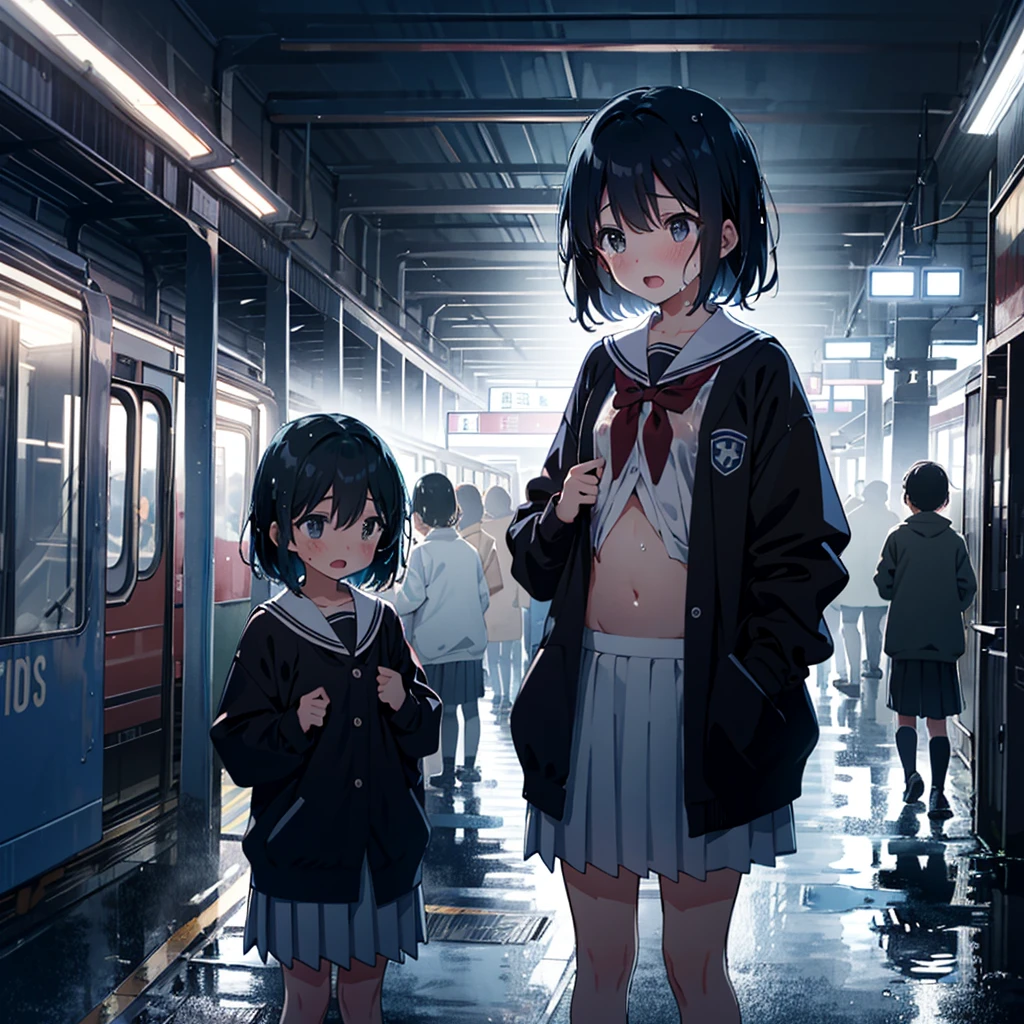 1 girl, solo, small breasts, school uniform, squeezing clothes, 7 , young, child, stg, wet clothes, wet hair, wet skirt, panoramic shot, looking away, confusion, crowd, open mouth, inside the station, navel, (detailed droopy gray eyes: 1.1),
Very aesthetic, absurd, Gravure, (temptation pose: 0.9), (ecstasy: 0.9), embarrassing, blushing