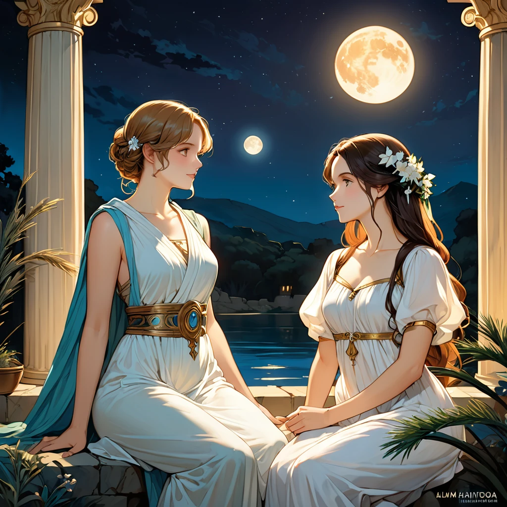 (Highest quality、High resolution、masterpiece)、4K Anime Art、(two women are sitting on a rock in the river、Facing each other、whole body、18-year-old)、(ancient greek scene) 、(Detailed depiction of a beautiful face)、Put your hair up、Captivating smile、(Ancient Greek Clothing、White tunic)、Movie Scenes、Soft Light、Ray Tracing、Soft Focus、greek architecture columns、greek pine、Classic atmosphere、Romantic atmosphere、Blur the background、(Full moon in the night sky:1.2)、(Alphonse Mucha Style)、(Edmund Leighton Style)、(alma tadema style)、(David Hamilton Style)、(Leonardo da Vinci Style)、