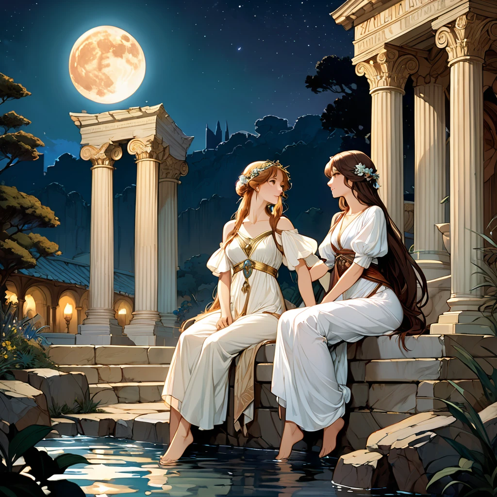 (Highest quality、High resolution、masterpiece)、4K Anime Art、(two women are sitting on a rock in the river、Facing each other、whole body、18-year-old)、(ancient greek scene) 、(Detailed depiction of a beautiful face)、Put your hair up、Captivating smile、(Ancient Greek Clothing、White tunic)、Movie Scenes、Soft Light、Ray Tracing、Soft Focus、greek architecture columns、greek pine、Classic atmosphere、Romantic atmosphere、Blur the background、(Full moon in the night sky:1.2)、(Alphonse Mucha Style)、(Edmund Leighton Style)、(alma tadema style)、(David Hamilton Style)、(Leonardo da Vinci Style)、
