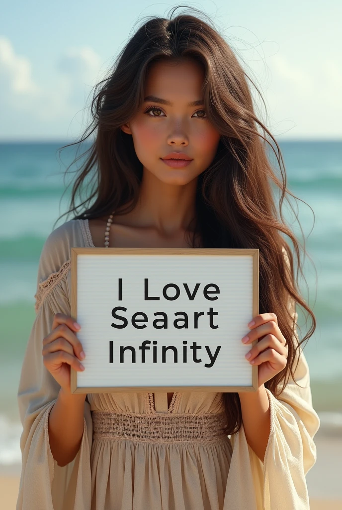 Beautiful girl with wavy long hair, bohemian dress, holding a white board with text "I Love Seaart Infinity" and showing it to the viewer