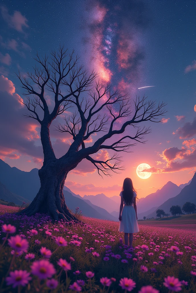 Wide-ranging landscape photos，（Looking from the bottom up，Above is the sky，The following are the open areas），girl standing in the flower field looking up，（Full moon：1.2），（meteor：0.9），（nebula：1.3），Mountains in the distance, Art made from broken trees，（Warm light source：1.2），（firefly：1.2），lamp，Lots of purple and orange，Intricate details，Volumetric Lighting，RealismBREAK（Masterpiece：1.2），（Best quality），4K，Extremely detailed，（Dynamic Combination：1.4），Very detailed，Colorful Detailed，（Rainbow Colors：1.2），（Luminous lighting，Atmospheric lighting），Like a dream，magic，（solo：1.2）
Negative labeling