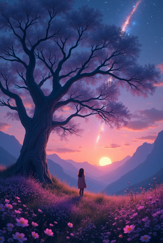 Wide-ranging landscape photos,(Looking from the bottom up,Above is the sky,The following are the open areas),girl standing in the flower field looking up,(Full moon:1.2),(meteor:0.9),(nebula:1.3),Mountains in the distance, Art made from broken trees,(Warm light source:1.2),(firefly:1.2),lamp,Lots of purple and orange,Intricate details,Volumetric Lighting,RealismBREAK(Masterpiece:1.2),(Best quality),4K,Extremely detailed,(Dynamic Combination:1.4),Very detailed,Colorful Detailed,(Rainbow Colors:1.2),(Luminous lighting,Atmospheric lighting),Like a dream,magic,(solo:1.2)
Negative labeling