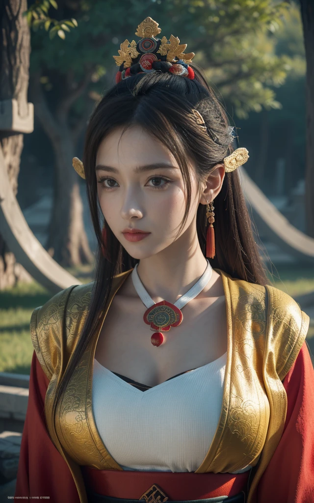 Game Art,Best picture quality,Maximum resolution,8K,(A bust photo),(portrait),(Head close-up),(Rule of Thirds),Unreal Engine 5 rendering works, (Future Girl),(Female Warrior),
20 year old girl,(Ancient Chinese general),Eyes full of details,(Large Breasts),Elegance and nobility,indifferent,brave,
(Wearing ancient Chinese clothing,Chinese Hanfu,Tang dynasty costumes,The costumes are rich in detail,Simple tones),Chinese characters,Fantasy style,
Photo poses,Wild background,Movie Lighting,Ray Tracing,Game CG,((3D Unreal Engine)),OC rendering reflection mode