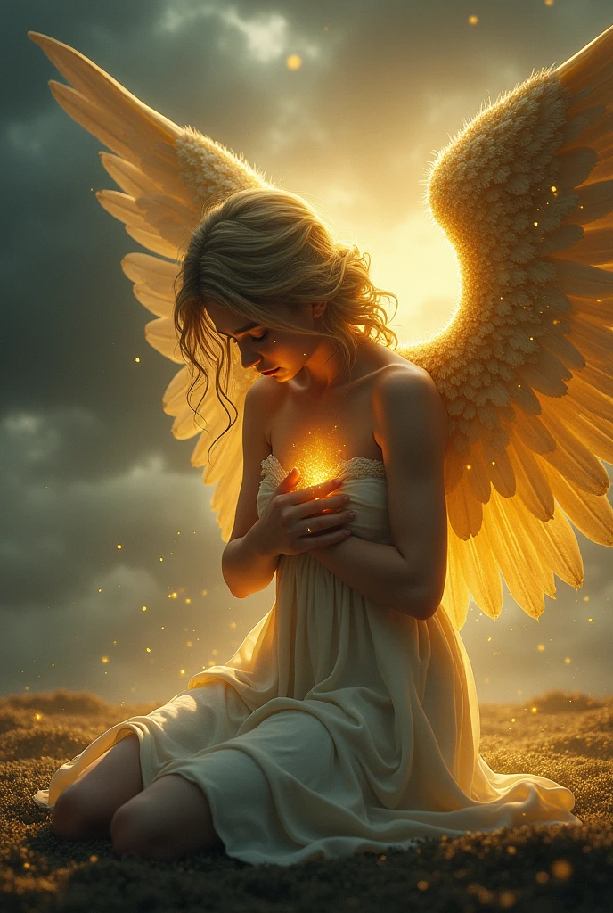 Angel crying shining golden tears with a hand on his broken heart that shows throw his body, he has one wing on the left that shines bright gold but the wing on the left is torn and broken and the light is dim, he is sad and on his knees in a storm 