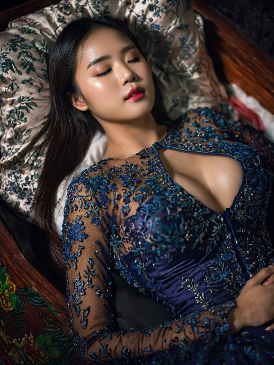 In a striking 8K HDR scene, a stunning Korean woman, 22 years old, lies peacefully in a black coffin surrounded by plush pillows. The deep box is set against a rich black background, accentuating the beauty of the subject. Her exquisite deep-V neckline kebaya attire is embroidered with superb detail, showcasing her round and firm breasts, perfect cleavage, and beautiful eyebrows. Her closed eyes and mouth give an air of serenity, while her visible and absolute cleavage leave nothing to imagination. The scene is bathed in saturated colors, highlighting every intricate aspect from the ball skirt to her clean face, straight body, detailed hand perfect hands, straight body, straight arms.