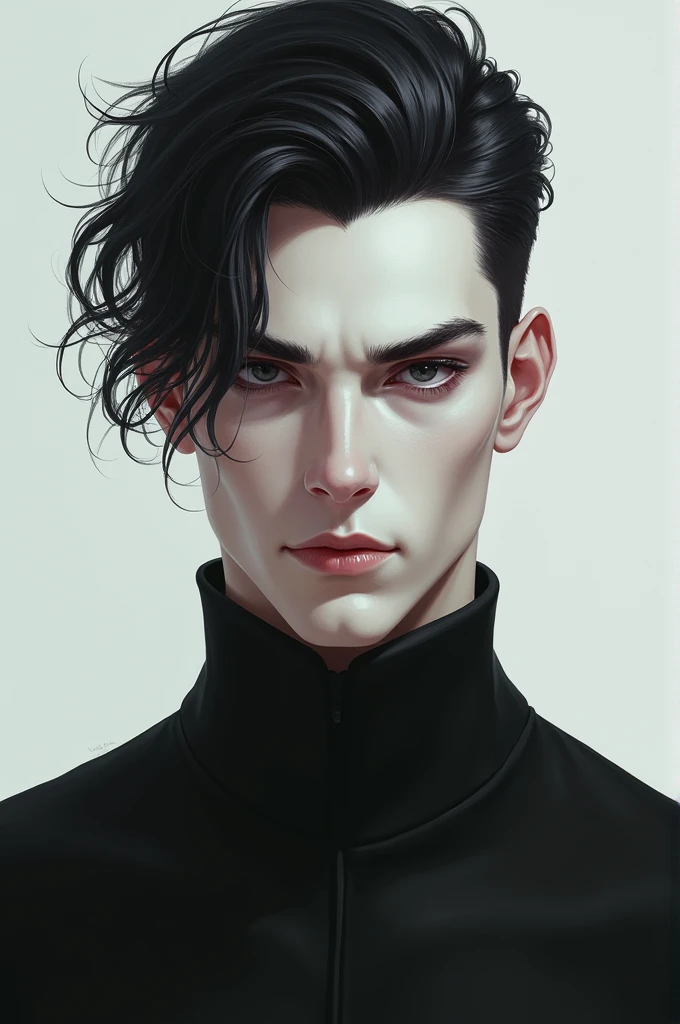 man 1.98 tall, jet black hair, black eyes and white skin