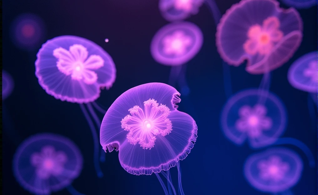 The photo shows a mesmerizing scene of a lot jellyfish floating gracefully in water. The jellyfish are mostly translucent with a slight glow, and they emit a range of soft, luminescent colors like purples, pinks, and blues. Each jellyfish his a moon jellyfish, flower-like pattern at the center, which is illuminated, giving the entire scene an ethereal, otherworldly feel. The background is dark, which contrasts beautifully with the glowing jellyfishes, enhancing their delicate, floating appearance. The image has a calming and almost magical quality to it.