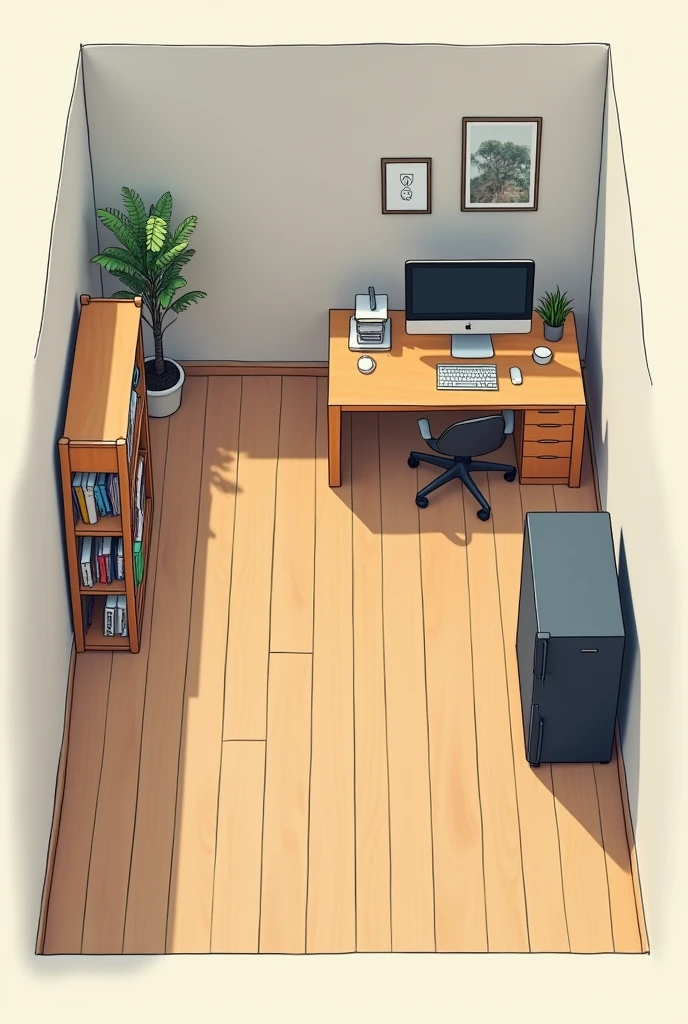 Create a map of an office with a computer desk, a bookshelf and a refrigerator with two electrical outlets
