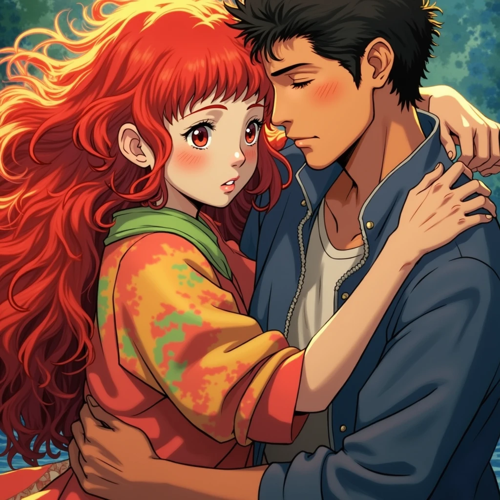 An image of Ponyo old woman and Sosuke old men, with his grandchildrens, and hugging, Studio Ghibli style, ponyo has a red long hair, ponyo has wrinkles in his head, water, fish.