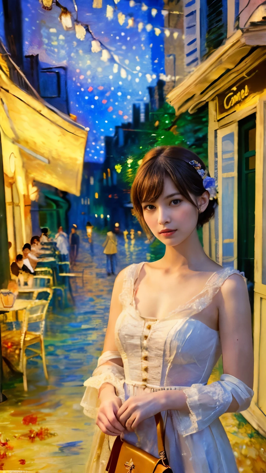 
((masterpiece:1.4, best quality)), (Realistic photos:1.4), 
((1 girl)), (Otherworldly beauty), (Like a dream),
(超high resolution:1.2), Very delicate and beautiful, wonderful, Very detailed CG Unity 8k wall paper, Very detailed, high resolution, 
Soft Light, Beautiful and delicate girl, Very detailed eyes and face, Exquisite and detailed nose, Exquisite and detailed, 
(Dressed in late 19th century French clothing:1.3), (In front of the cafe at night:1.3),
Cinema Lighting, Perfect anatomical structure, slim body, (partedbangs),
(The World of Impressionism:1.5), (Light and Color in Impressionism), (「Cafe terrace at night」),
Cowboy shooting