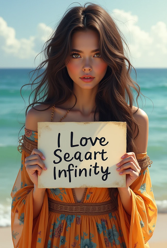 Beautiful girl with wavy long hair, bohemian dress, holding a white board with text "I Love Seaart Infinity" and showing it to the viewer