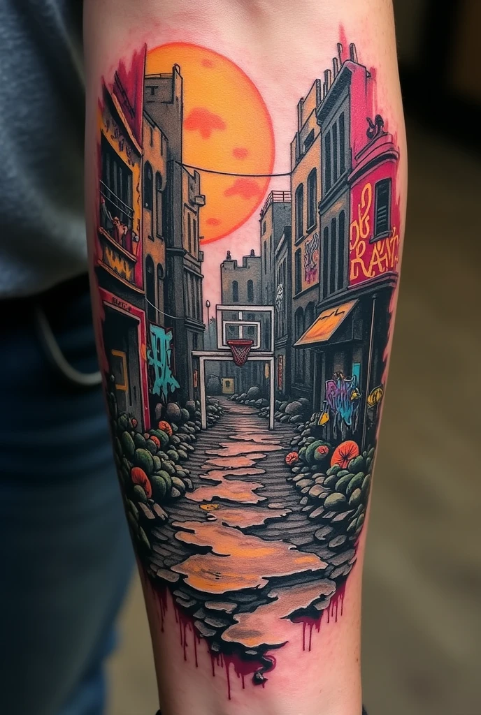 Please create a tattoo for the forearm, with a square goal in a chaotic city with crumbling buildings and full of graffiti