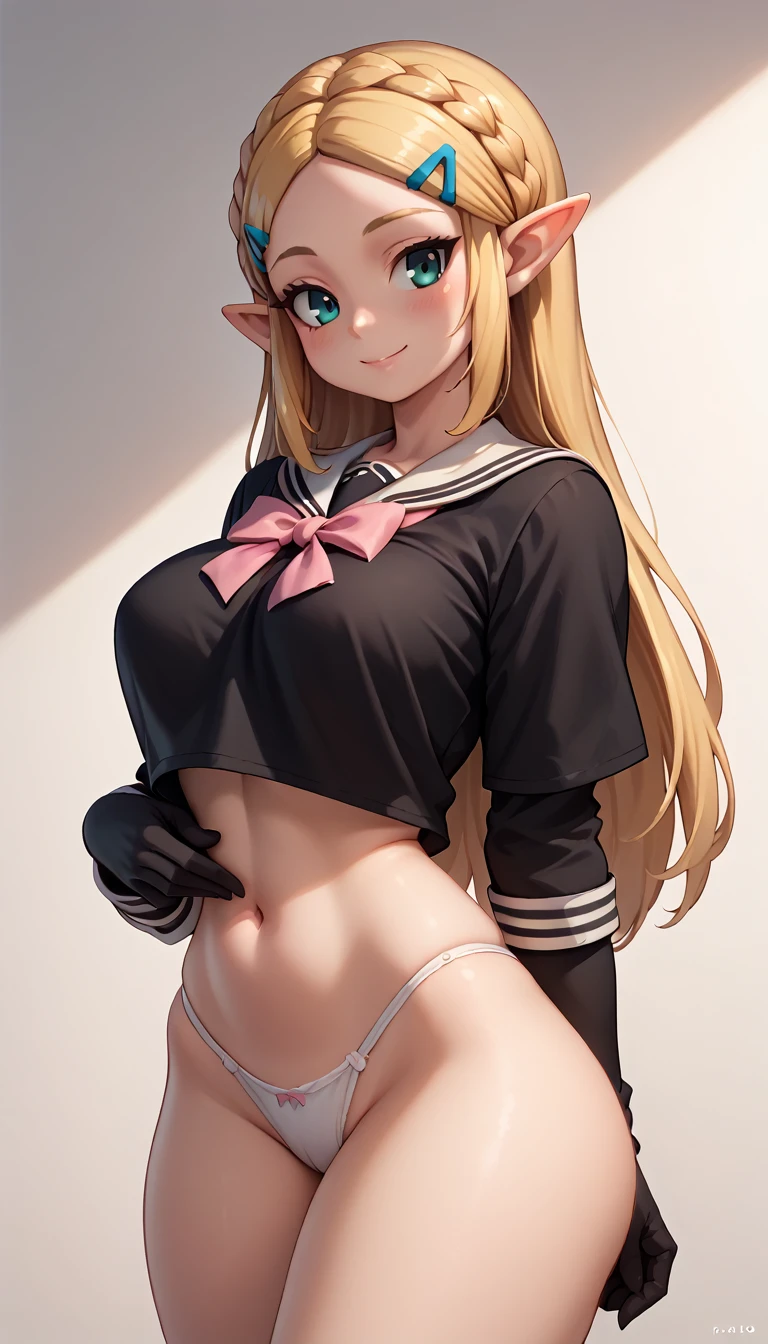 High resolution, Very detailed, perfect lighting, beautiful detailed eyes, ((masterpiece,Best Quality)), absurdities, alone, princess zelda, by the width, crown braid, Hair clip, pointy ears, Gloves without fingers, black gloves, smile, curves, nod, , deep neckline, deep neckline, black school uniform with white details,short skirt, visible underwear, White Thong, black uniform, black shirt with pink bow, touching her breasts in a sexy way, close up, black fur