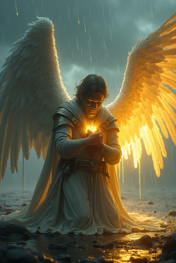Male Angel soldier with a mask crying shining golden tears with a hand on his broken heart that shows throw his body, he has one wing on the left that shines bright gold but the wing on the left is torn and broken and the light is dim, he is sad and on his knees in a storm 