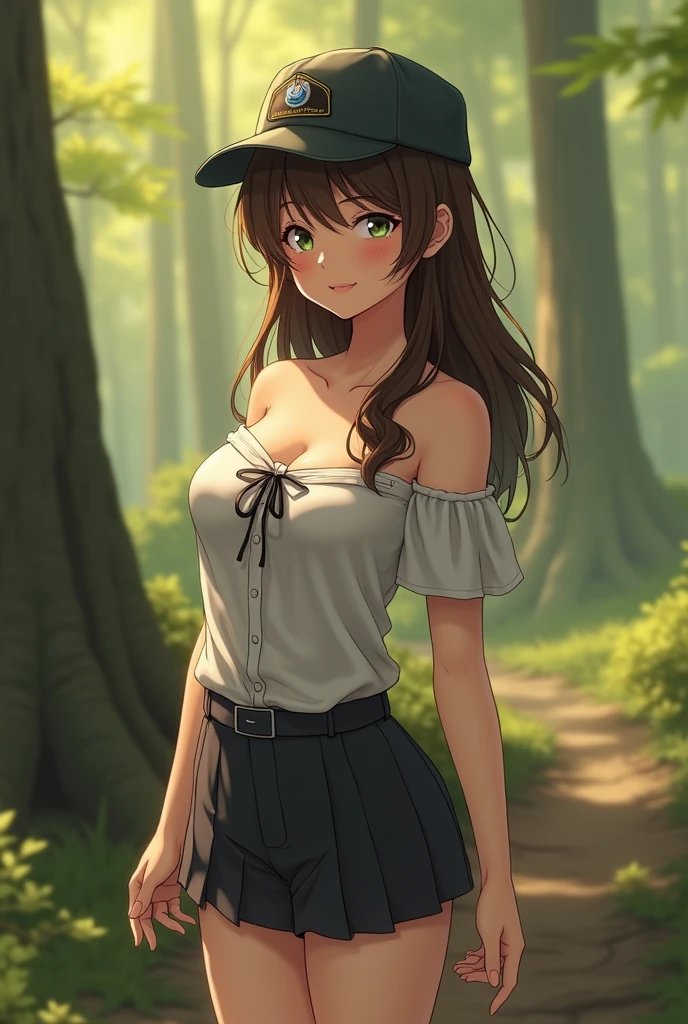 (8k、RAW Photos、Highest quality、masterpiece:1.2)、(Realistic、Photorealistic)、1 girl、((Off the shoulder、uniform、Crotch is visible、I can see your chest、Big Breasts、Touching the crotch、With legs apart、Morning sunlight、in the forest、Sandalium Hair))、smile、Lots of eyelashes、Add shine to your eyelids、skeletally correct