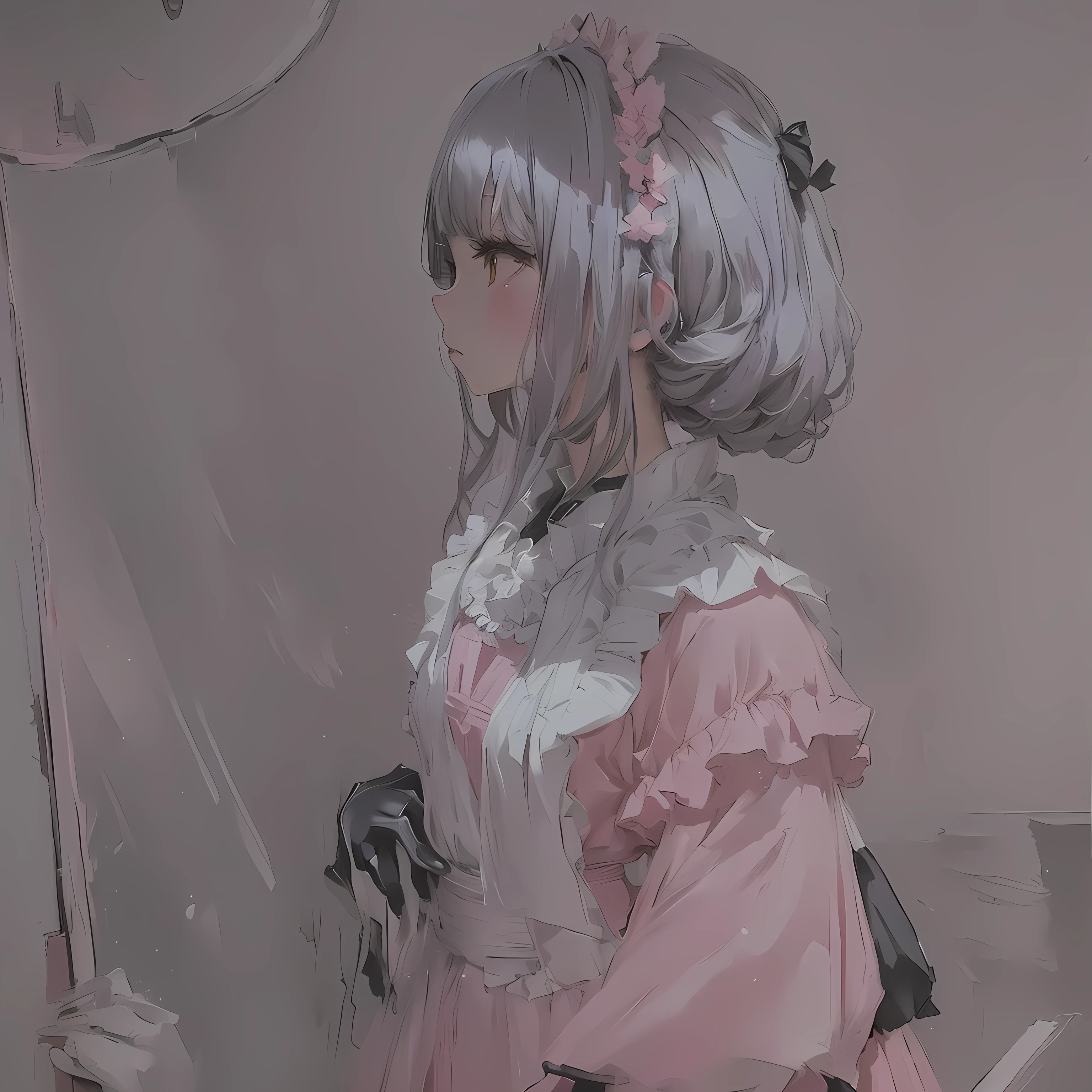 Anime girl in a pink dress and black gloves standing in front of a mirror, Gwaiz, artwork in the style of Gwaiz, Painted in an anime artist's studio, by Kamisaka Sekka, by Kamaguruka, Gwaiz on pixiv artstation, Rendered in high resolution, anime painting, Created by Anime Painter Studio